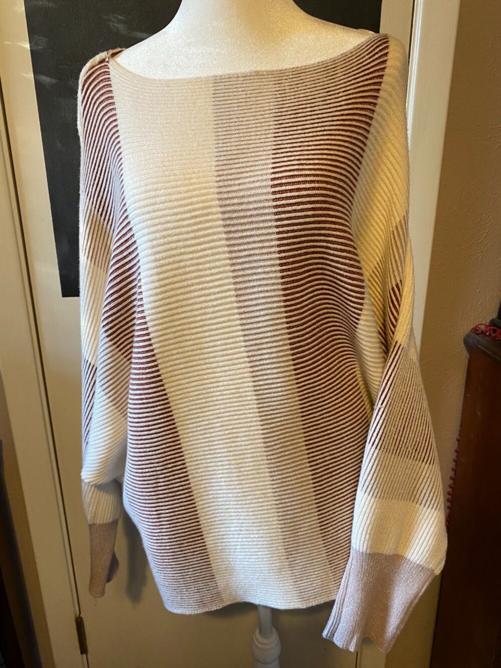 Cream & Burgundy Striped Oversized Sweater – Cozy Chic Fall Style